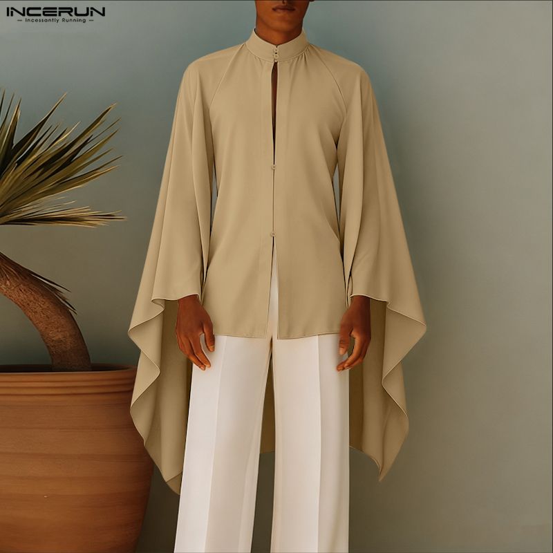 Mens Fashion Poncho - INCERUN Men Shirt Solid Color Stand