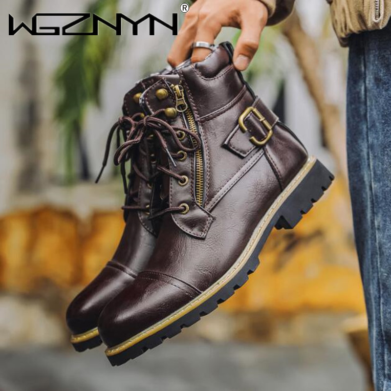 Mens Fashion Winter 2025 - Men Motorcycle Leather Boots Double Zipper