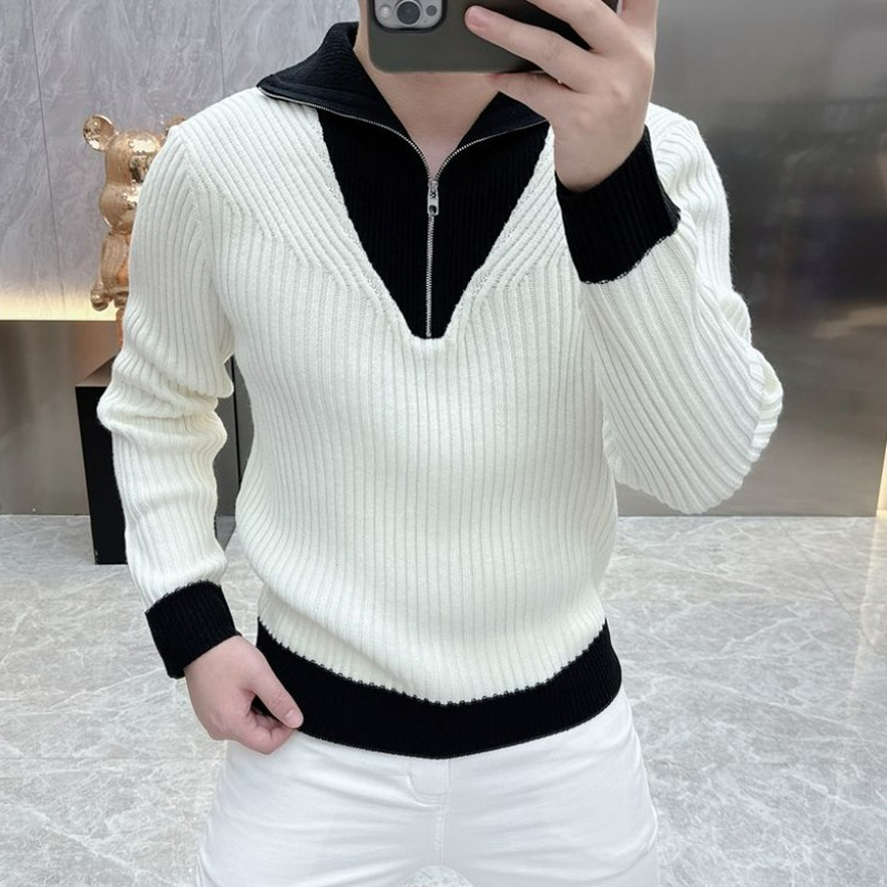 Men'S Fashion Zip Sweater - Men Korean Fashion Black White Contrast
