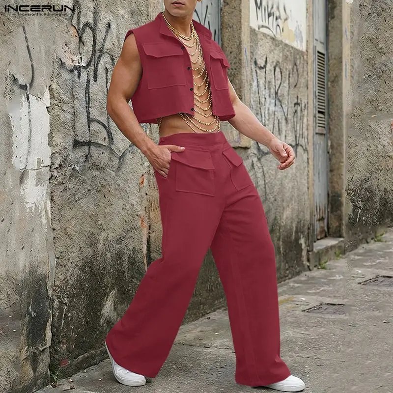 INCERUN Men Sets Solid Sleevel - Mens Fashion Streetwear avaliação e preço